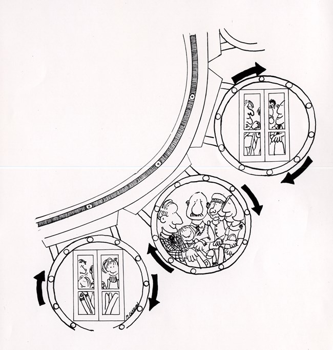 A black and white drawn comic image of three circular tram cars, each filled with cartoon people.