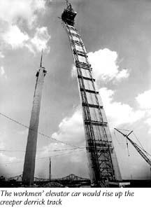 The workmen's elevator car rising up the creeper derrick track