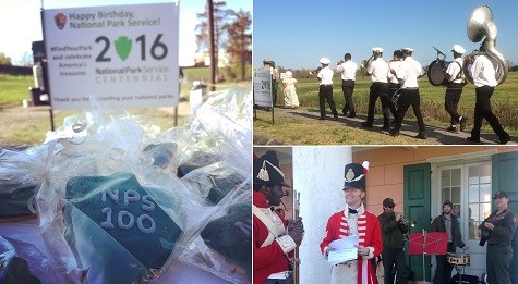 Arrowhead shaped cookies bearing the message "NPS 100" and a New Orleans brass band.