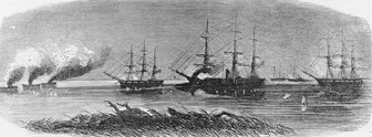 Image of black and white drawing of Civil War ships in battle Image of black and white drawing of Civil War ships in battle