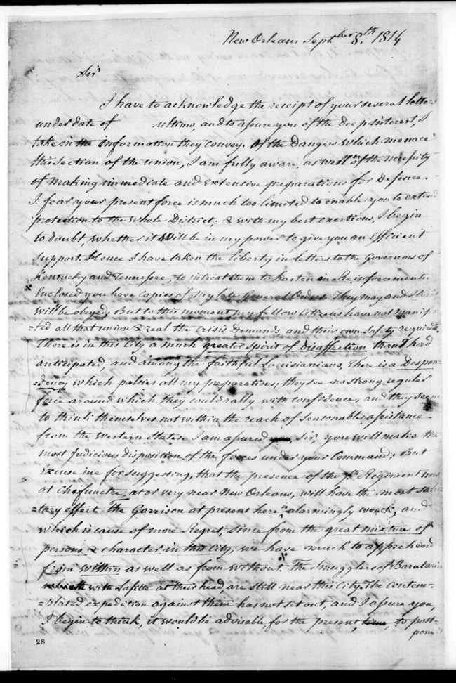 Claiborne Letter to Jackson 1814 A letter from Governor Claiborne to General Jackson from September 8, 1814.