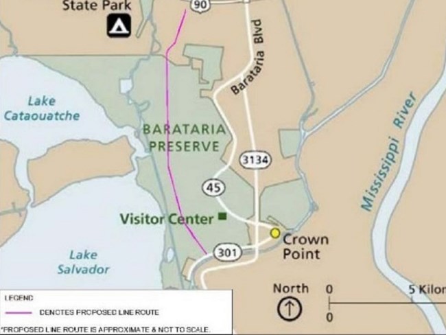 Barataria Preserve map showing electrical transmission line