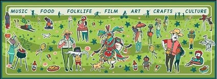 A colorful, folk art painting of people and the text "Experience Louisiana Festival"