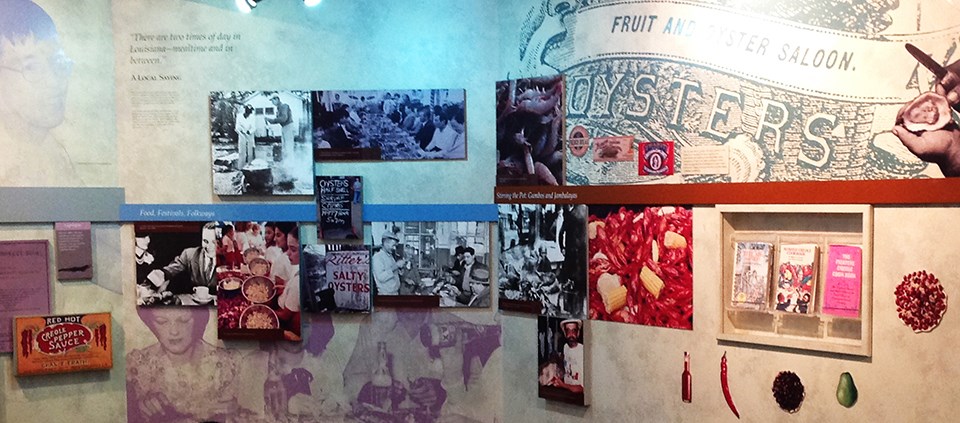 Exhibit wall about New Orleans food