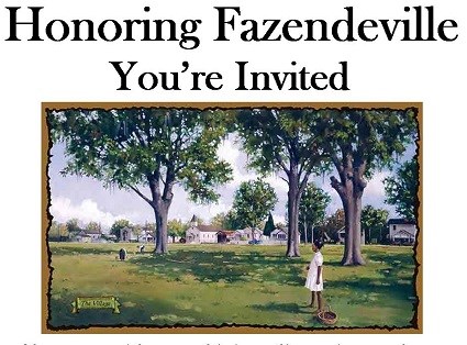 A painting of a young girl standing under a pecan tree with houses in the background, and the text, "Honoring Fazendeville You're Invited"