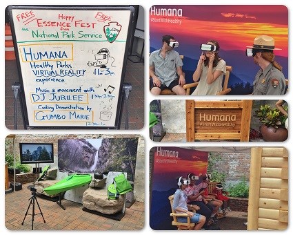 a photo collage of park visitors and park rangers wearing virtual reality headsets.