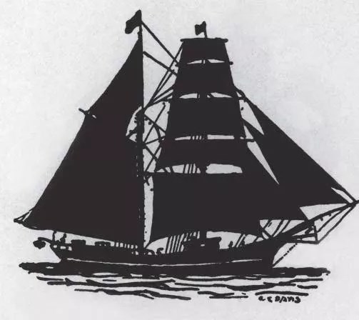 Black and white silhouette of a ship with sails. A black silhouette of a ship with many sails.