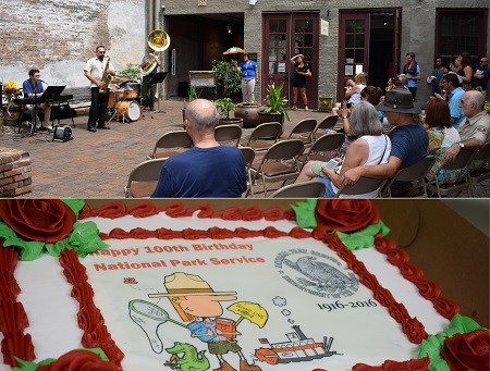 A band playing in a French Quarter courtyard and a birthday cake featuring a cartoon image of a park ranger.
