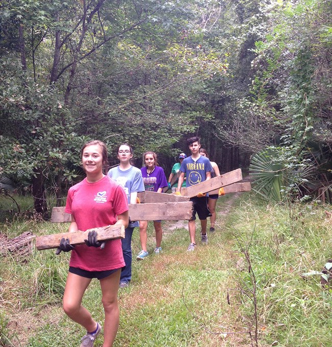 People carry old trail boards through the woods People carry old trail boards through the woods