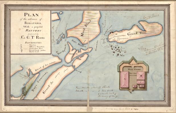 Proposed Map for Attacking Barataria Pen an ink watercolor map of the "Plan of the entrance of Barataria, with a projected battery proposed by Col. G.T. Ross." In pencil in lower right hand corner: 1416. There is a fold down the middle.