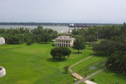 A view of the Chalmette Battlefield, nineteenth century plantation house, and the Mississippi River from the top of the Chalmette Monument, one hundred feet up.