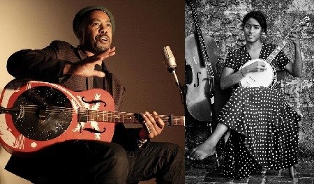 side by side photo of a man with a steel guitar and a woman seated beside a cello playing the banjo