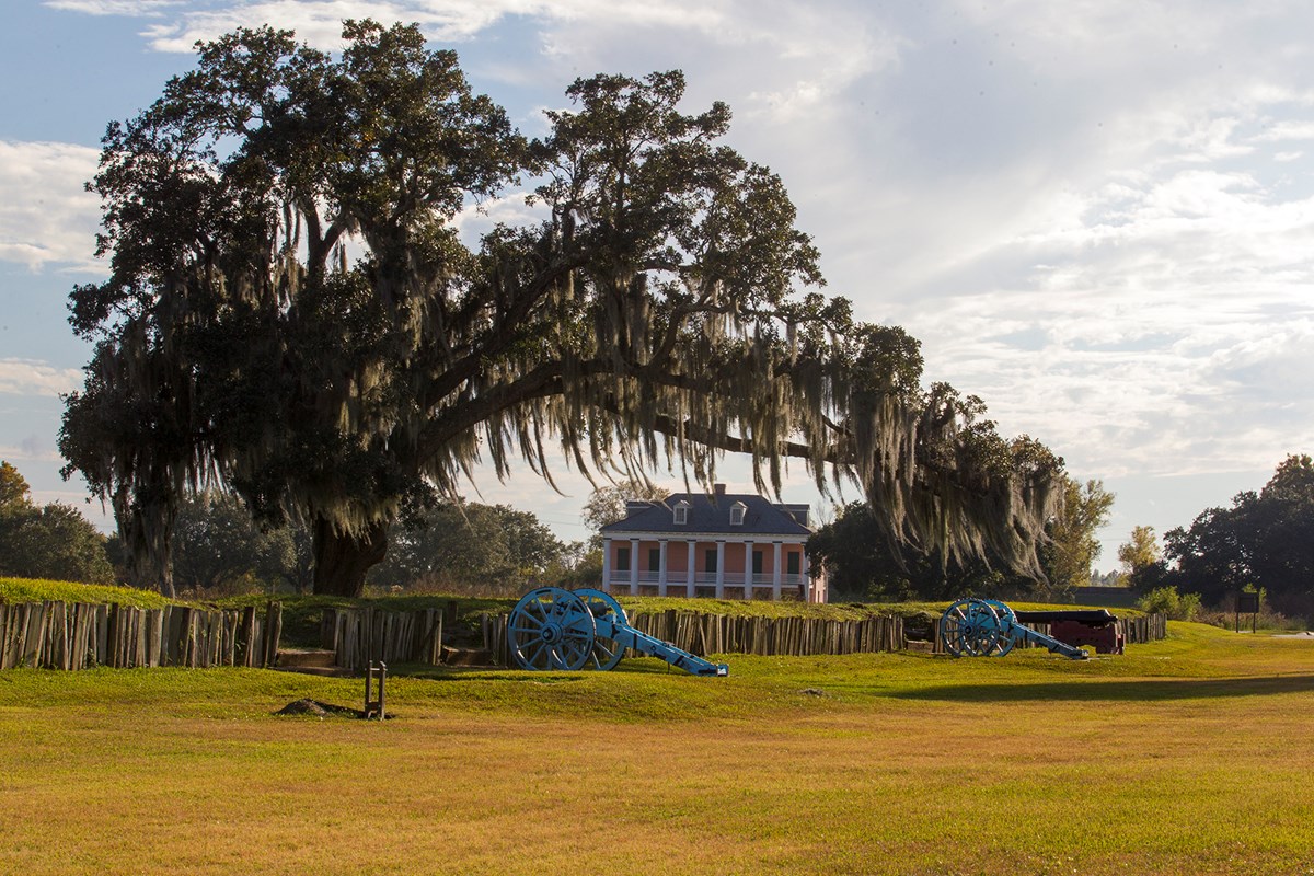 Cannons at a rampart with a historic home in background