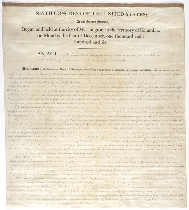 The Act Prohibiting the Importation of Slaves, 1808. A scan of the front page of the Act of 1808 prohibiting the international slave trade in the U.S.