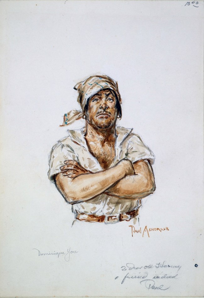 illustration of a man in a rough brown shirt with a wide spread collar, and a rough bandanna on his head