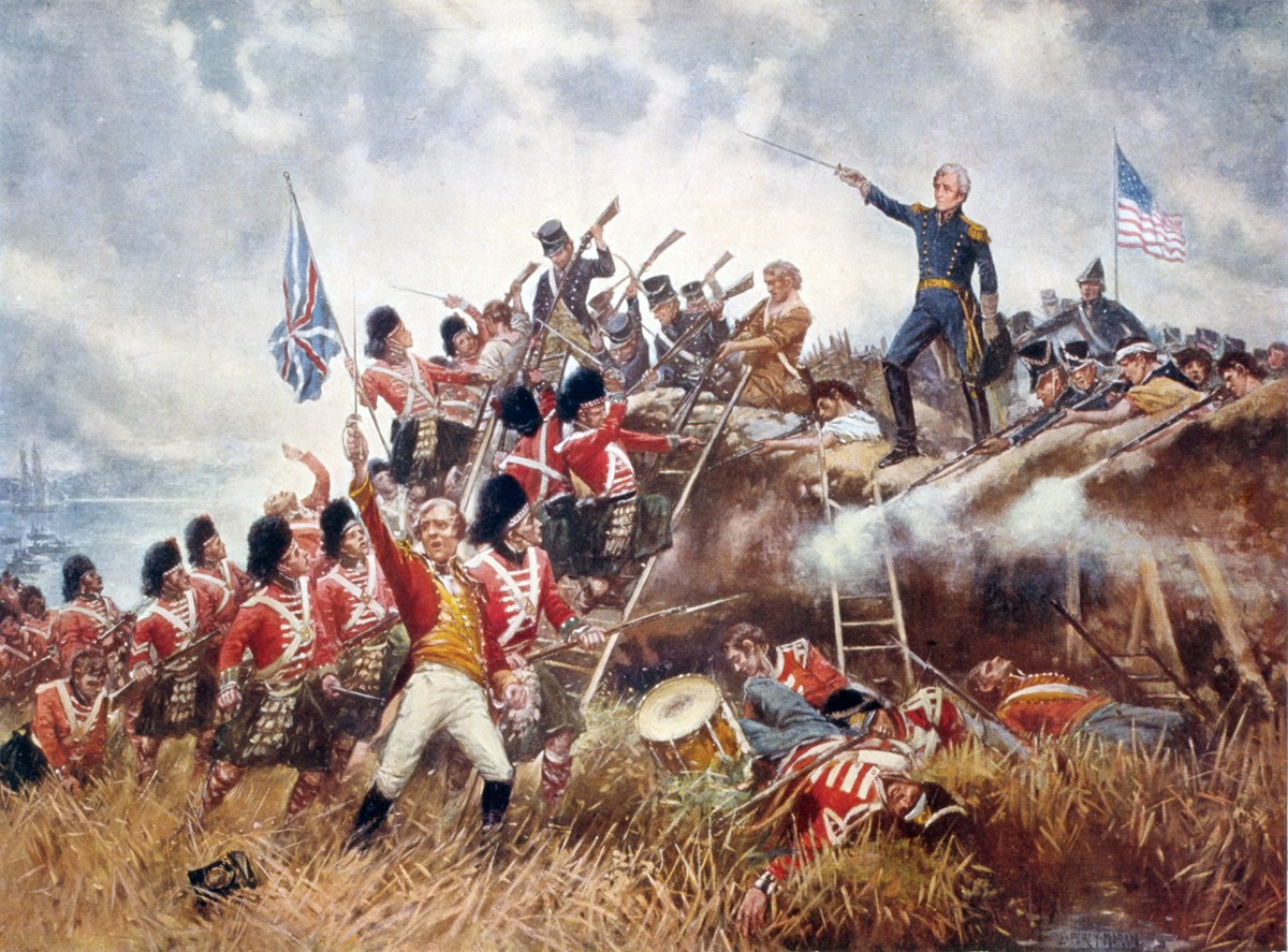 British soldiers and American soldiers aim muskets at each other.  Each side is flying their flag.