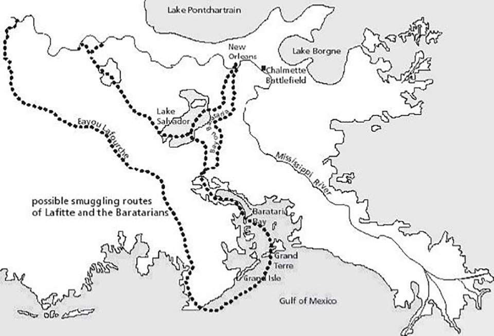 map showing possible smuggling routes for Jean Lafitte and his crew