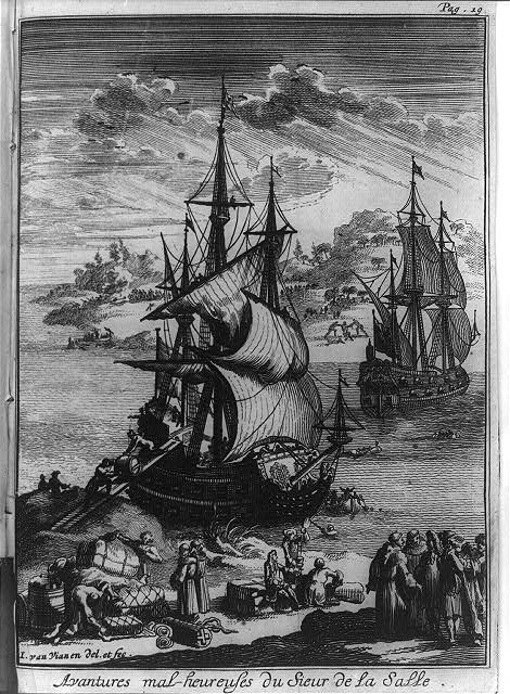 A black and white drawing of La Salle's expedition along the Mississippi River. There are two big ships on the water with people standing on the shore.