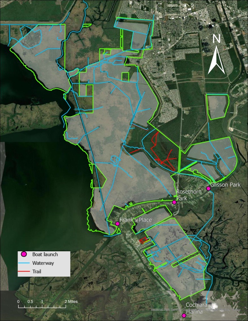 Aerial map of the Barataria Preserve showing areas where hunting is allowed.