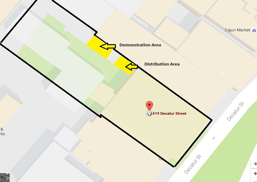 A map showing the locations for a "Demonstration Area" and a "Distribution Area" in the courtyard of the Laura C. Hudson Visitor Center in New Orleans, LA.