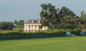 A plantation house, trees, and cannon at Chalmette Battlefield