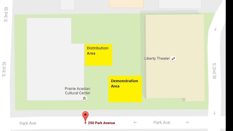 A map showing the locations for a "Demonstration Area" and a "Distribution Area" on the patio between the Prairie Acadian Cultural Center and the Liberty Theater in Eunice, LA.