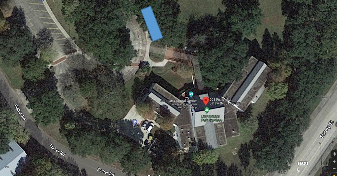 A map showing the rectangular demonstration area in the parking area outside of the Acadian Cultural Center in Lafayette, LA.