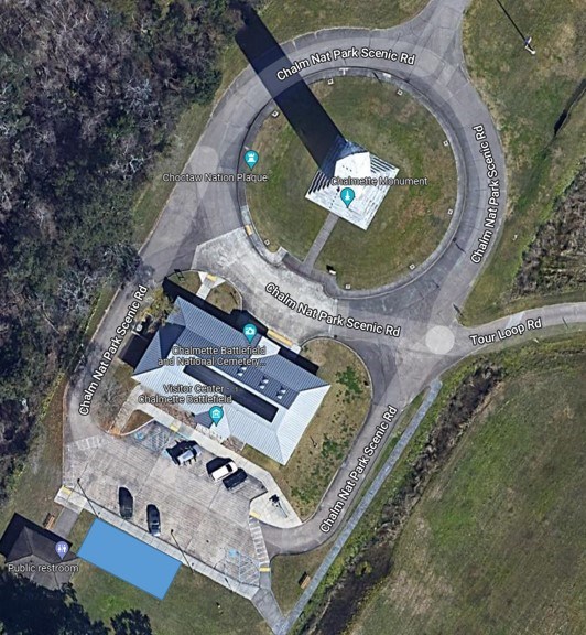 A map showing a blue rectangular area in the parking area outside of the Chalmette Battlefield Visitor Center in Chalmette, LA.