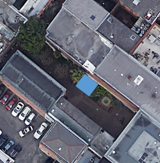 A map showing a square blue area in the courtyard of the Laura C. Hudson Visitor Center in New Orleans, LA.