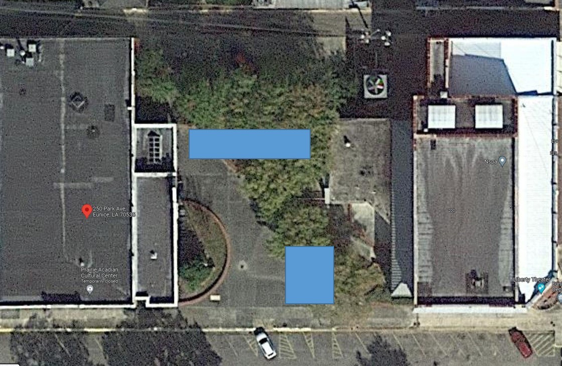 A map showing the locations for a "Demonstration Area" and a "Distribution Area" on the patio between the Prairie Acadian Cultural Center and the Liberty Theater in Eunice, LA.