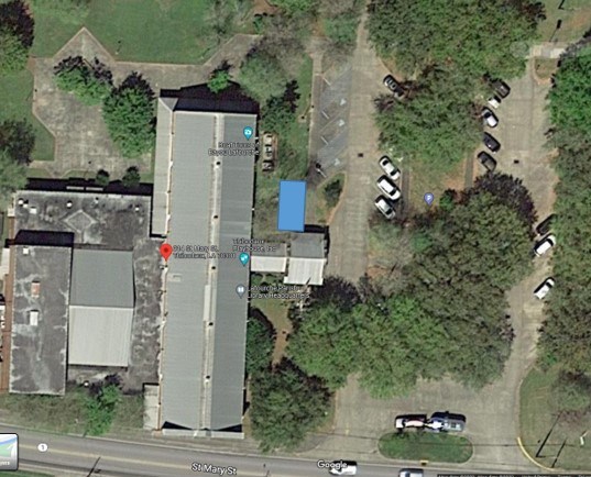 A map showing the locations for a "Demonstration Area" and a "Distribution Area" in the parking area outside of the Wetlands Acadian Cultural Center in Thibodaux, LA.