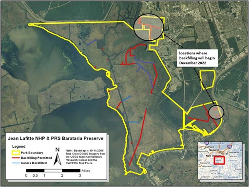 Barataria Preserve Canal Backfilling Map Map of proposed locations for canal backfilling in the Barataria Preserve. Yellow, red, and blues lines denote areas.