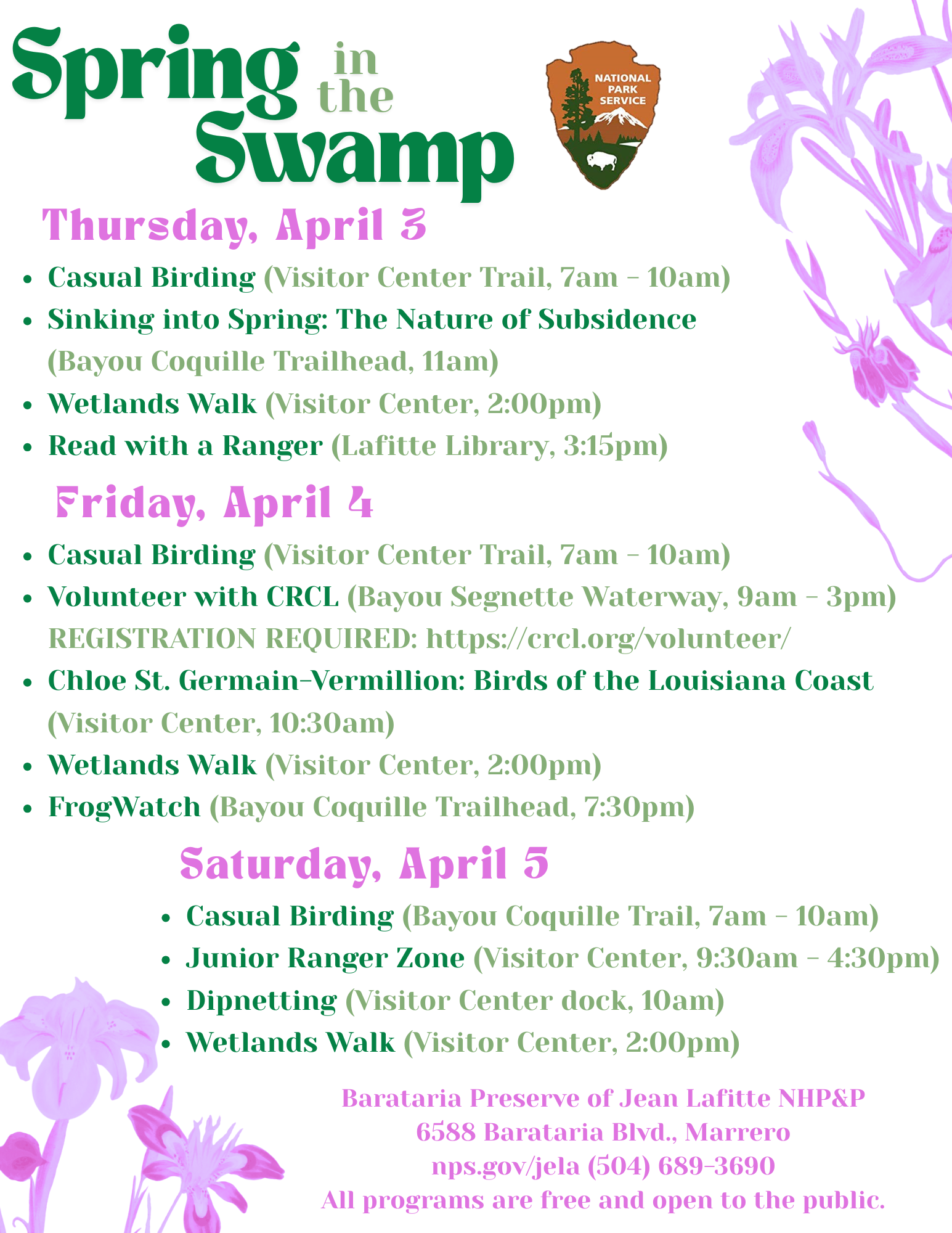 Spring in the Swamp 2025 Schedule The schedule of events for Spring in the Swamp