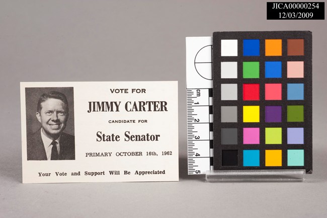 a black and white card promoting Jimmy Carter for State Senate
