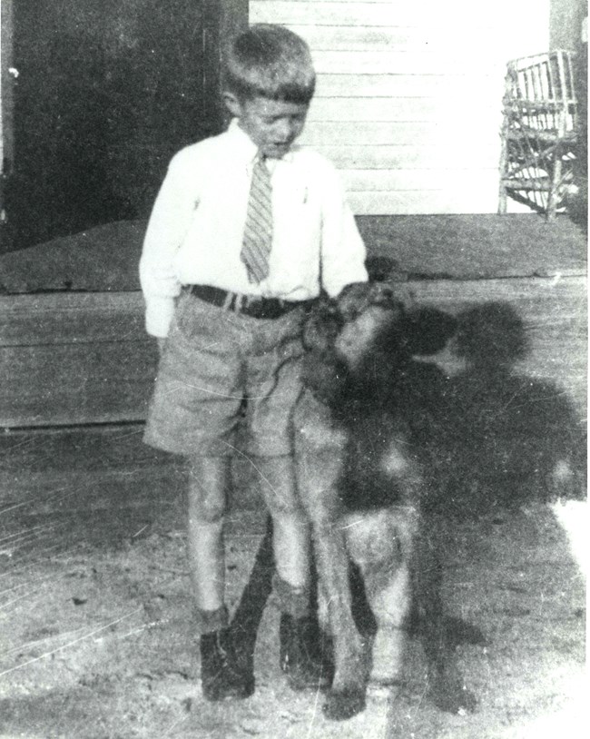 a young Jimmy Carter petting a calf in front of his house