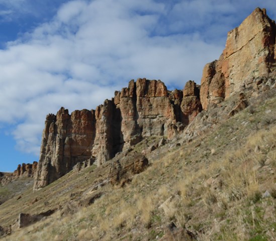Pillars of rocks are seen at the Clarno Unit of John Day Fossil Beds. These are lahars, or mud-flows of pyroclastic material.