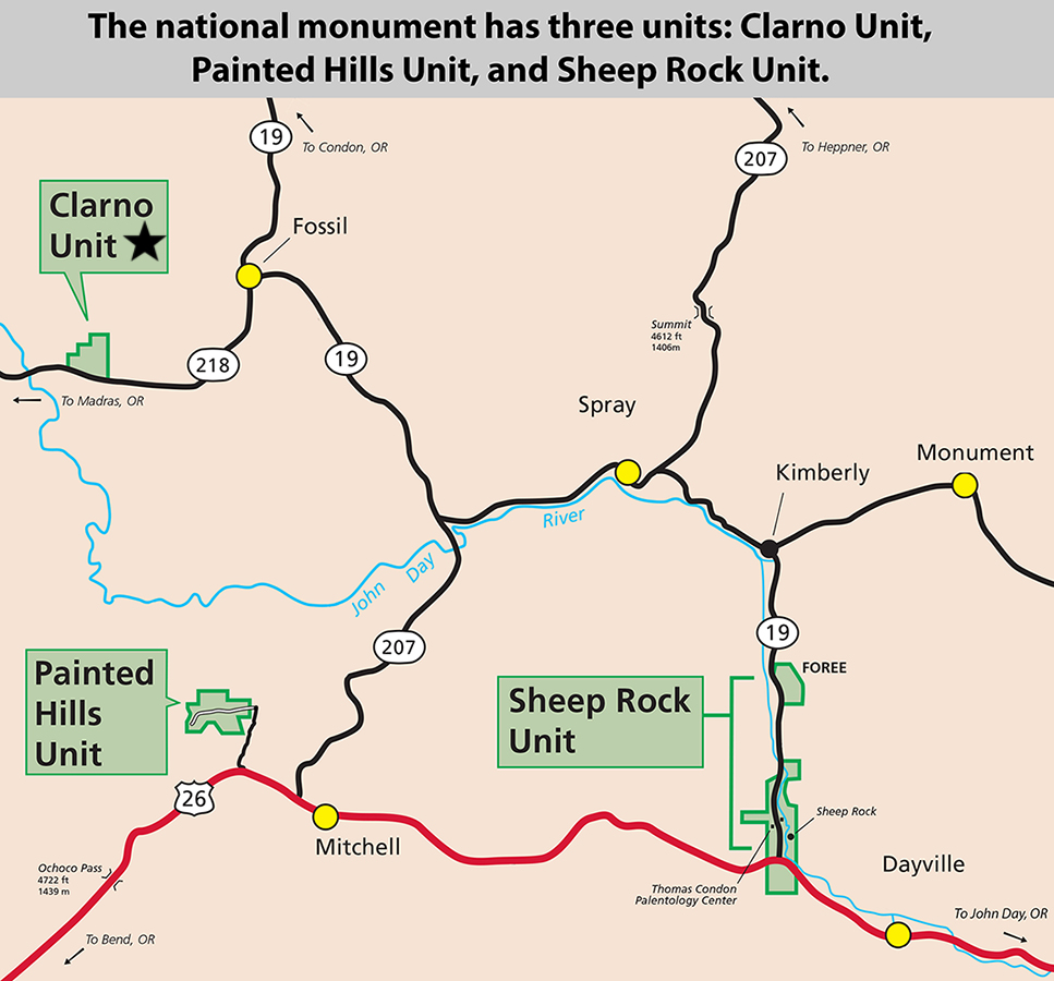 The three units of John Day Fossil Beds includes Clarno Unit, Painted Hills Unit, and Sheep Rock Unit. The three units of John Day Fossil Beds includes Clarno Unit, Painted Hills Unit, and Sheep Rock Unit.