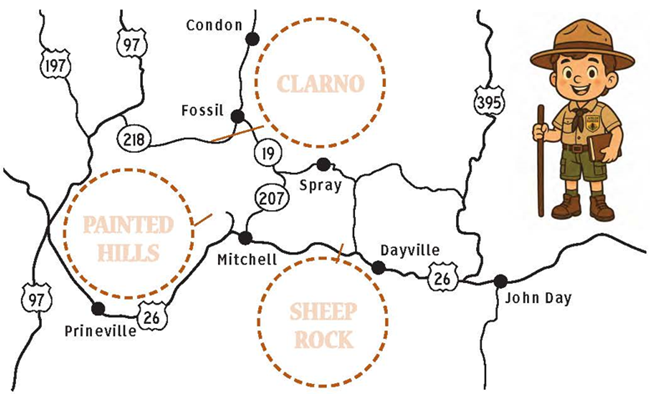 a regional map of John Day Fossil Beds with space to stamp Clarno, Painted Hills, and Sheep Rock units