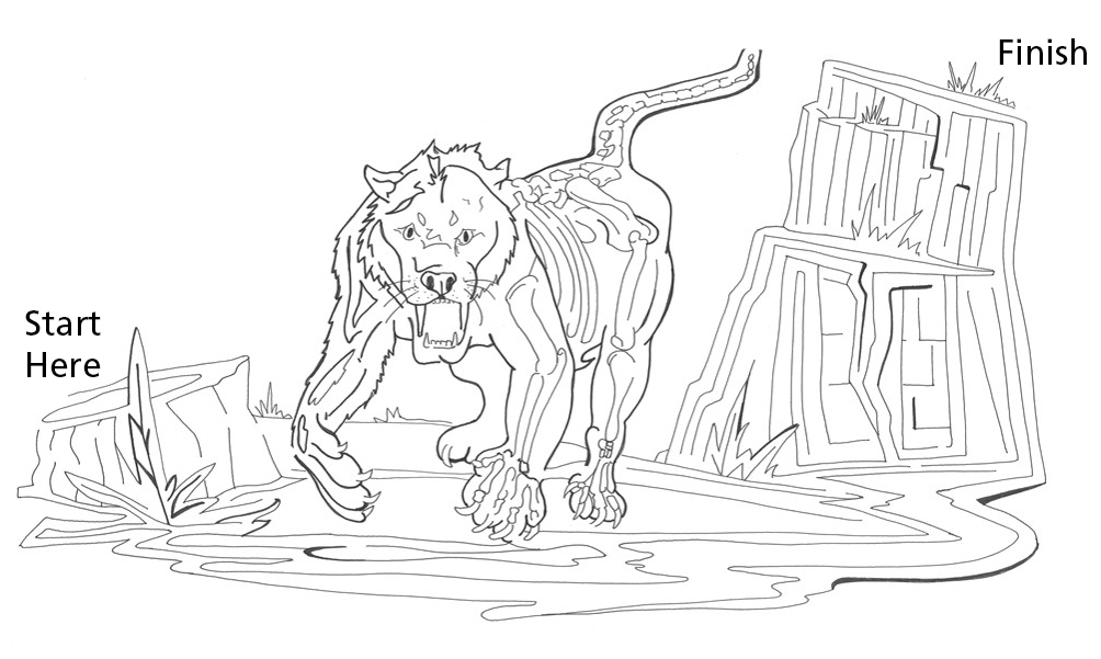 an illustration of a cat-like animal that is also a maze with "start here" on the bottom left side and "finish" on the top right side