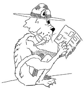 a cat-like animal holds a magnifying glass while examining a book