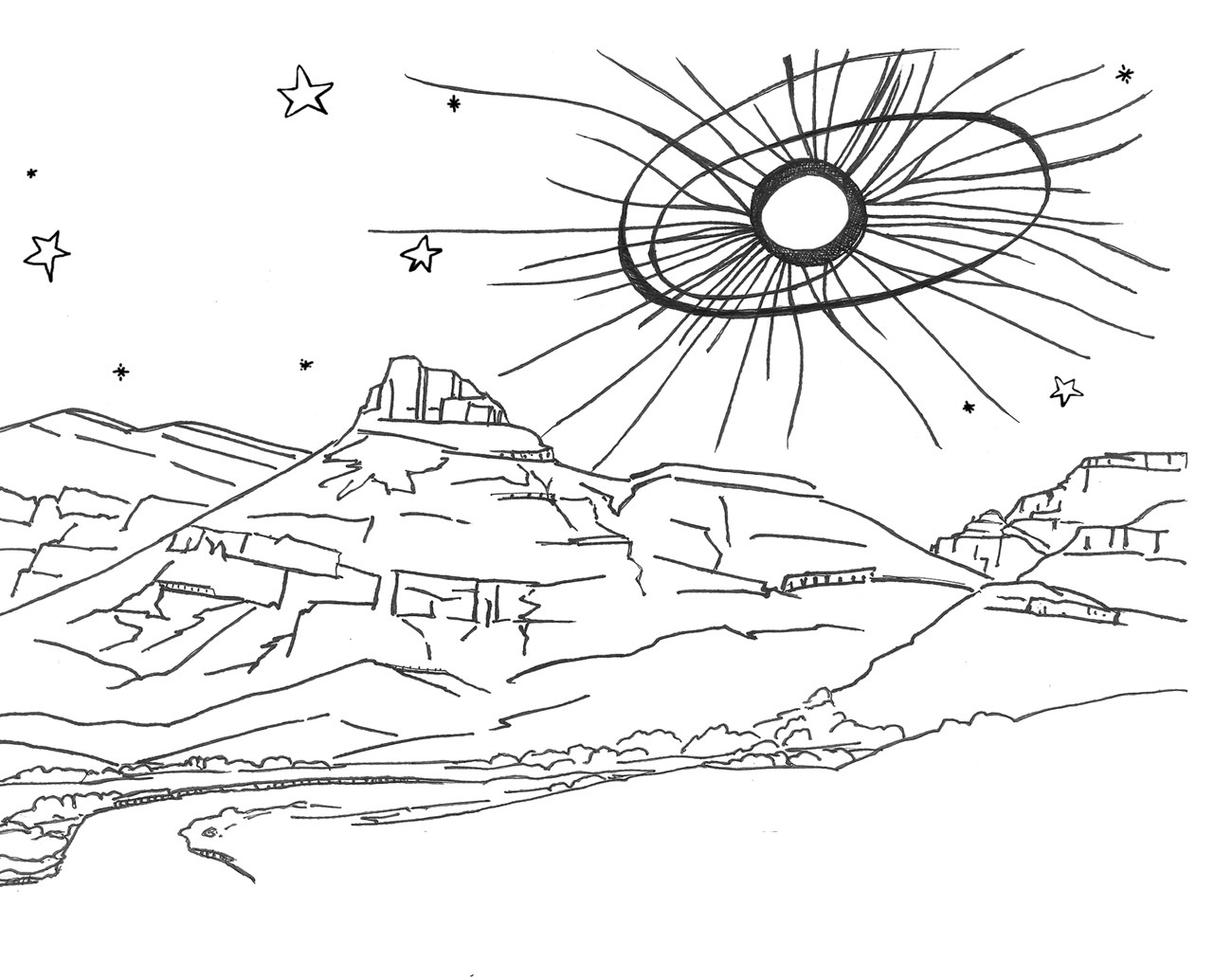 A black and white coloring page of a total solar eclipse at totality above Sheep Rock in the park.