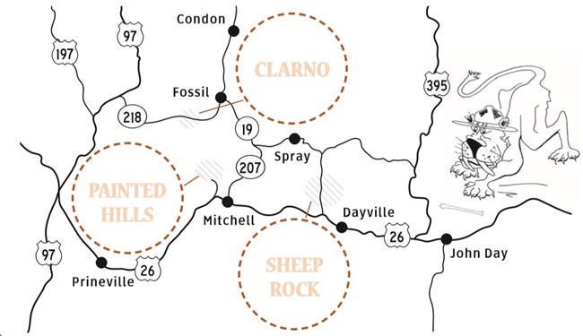 Junior Ranger map to stamp of John Day Fossil Beds a regional map of John Day Fossil Beds with space to stamp Clarno, Painted Hills, and Sheep Rock units