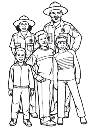 black and white illustration a group of kids and two park rangers