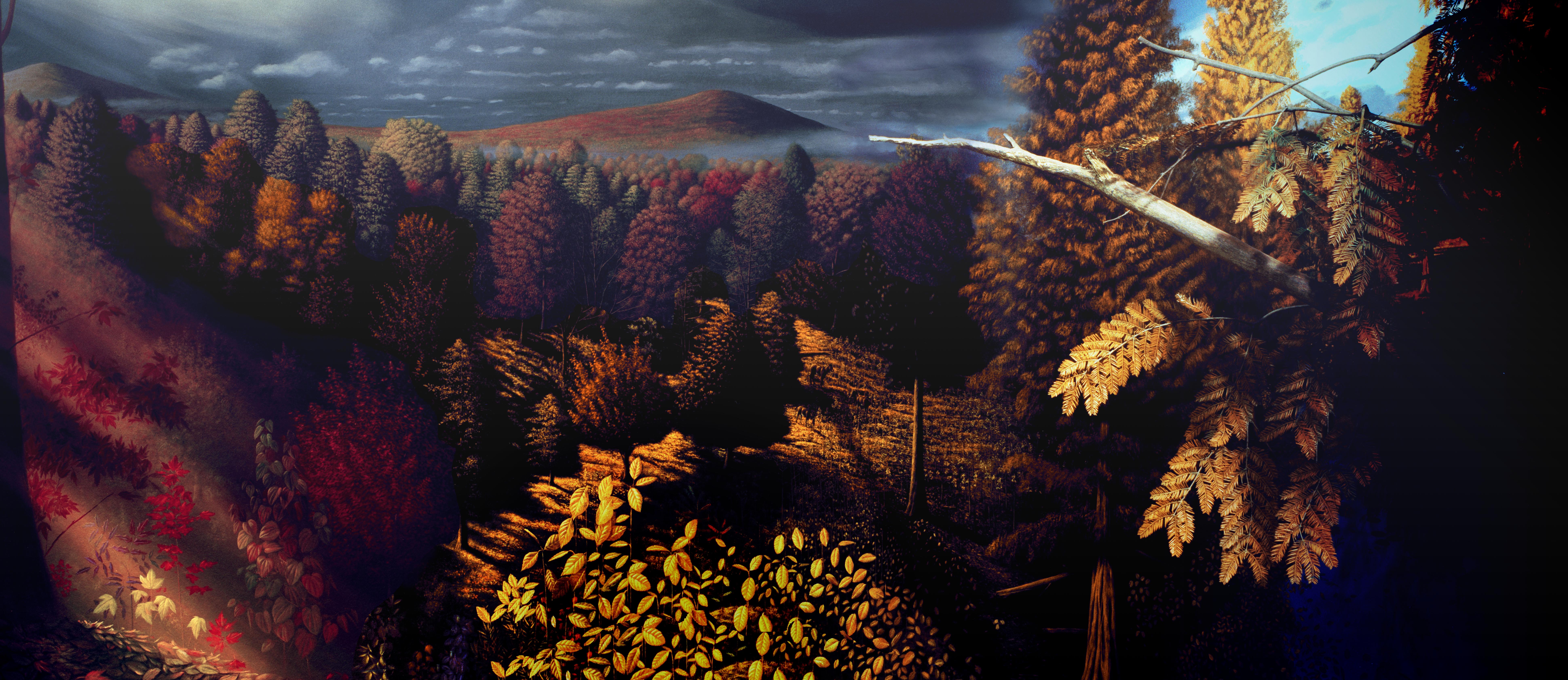Bridge Creek Flora mural shows an autumn day with various deciduous trees with leaves that are yellow, red, and tan. A volcano looms in the foreground with stormy skies above.