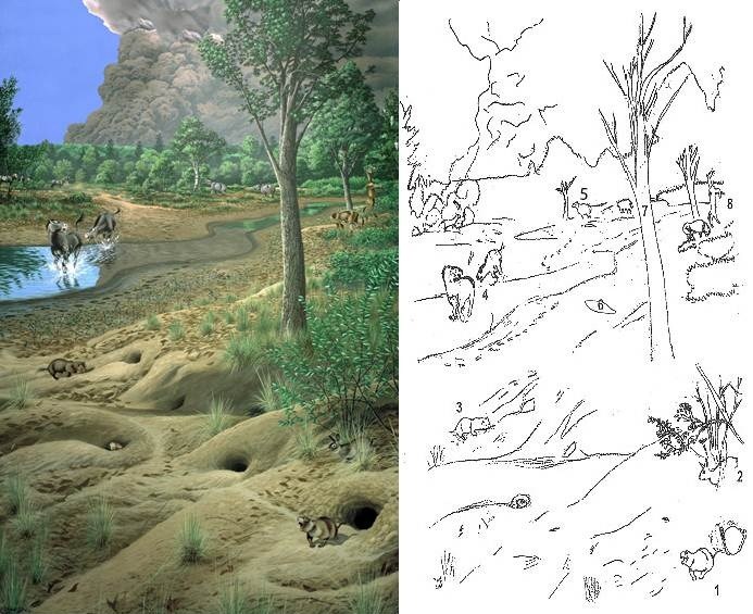 On the left side of the image, a fully colored mural shows horned gophers in burrows with horses running towards the viewer away from a large ash cloud. The right side shows the same image but in outline form.