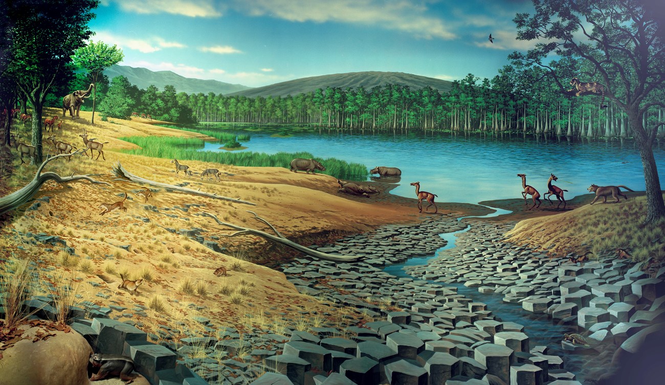 The Mascall mural shows a landscape of a lake damned by basalt lava flows, tan-colored grasses, elephants, and other herbivores. Trees line the lake and there is a large shield-like volcano reaching towards a partly cloudy sky.