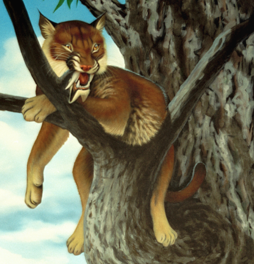 saber-toothed cat-like animal laying on the branches of a tree