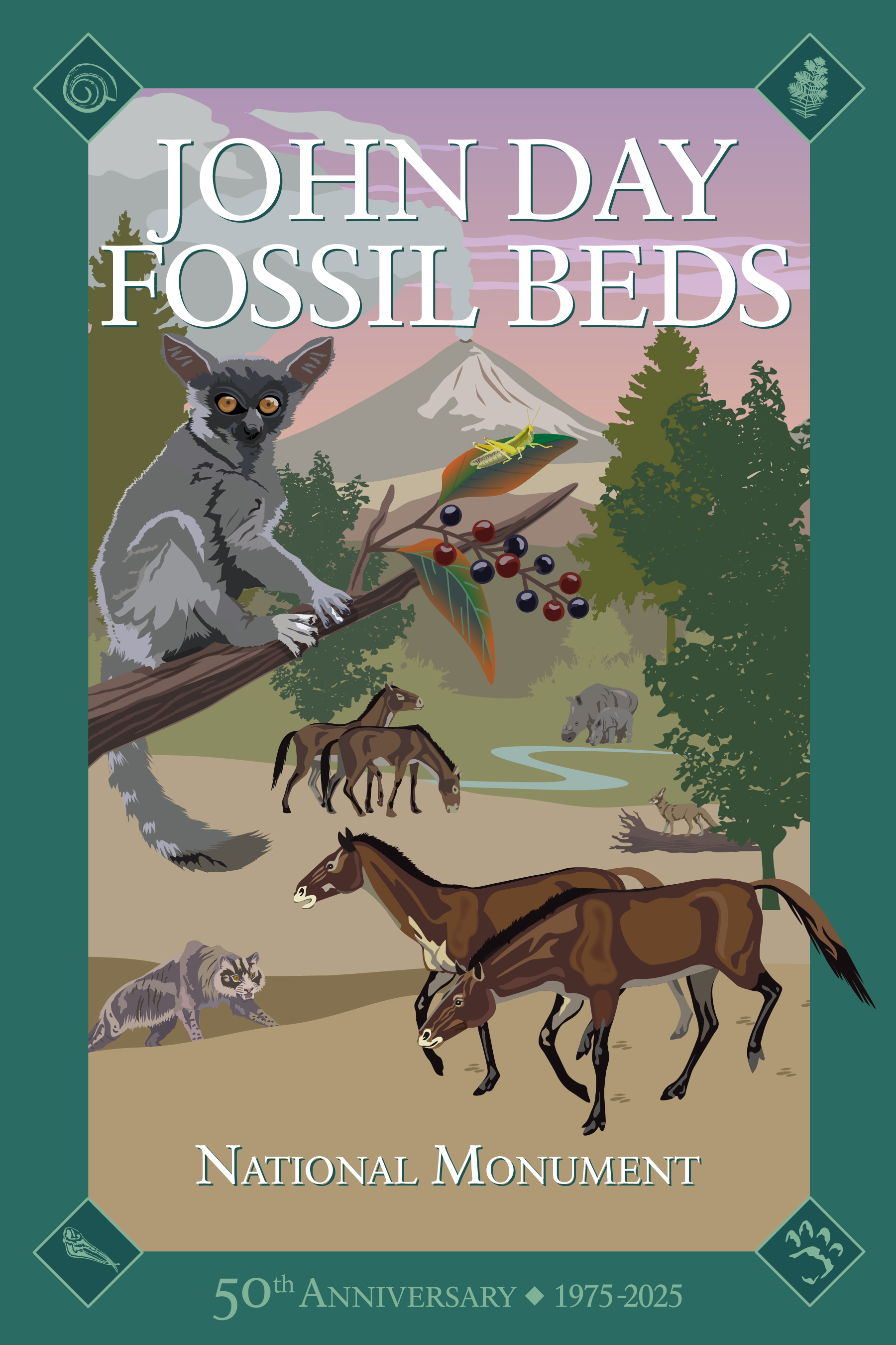 2025_JohnDayAnniversary_Poster Park 50th Anniversary poster with green border and scene of prehistoric animals and forest. Text includes, John Day Fossil Beds National Monument, 50th Anniversary, 1975-2025
