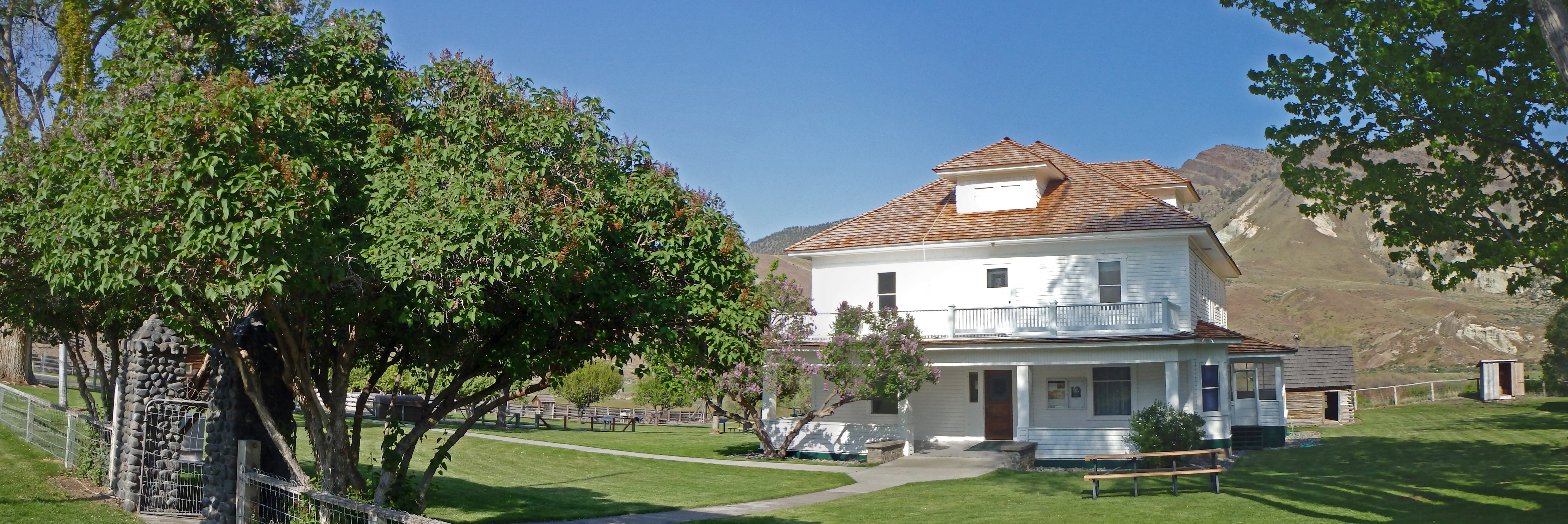 A three-story white building with wrap around porch sits on a green lawn on a sunny spring day. The lilac trees is in bloom with violet flowers.