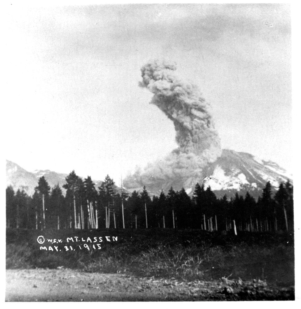 William S. Valentine Lantern Slide Collection: Lassen Peak in eruption seen from Manzanita Chute. Black and white photograph of Mt. Lassen erupting
